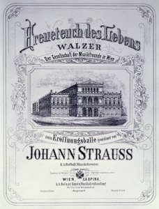 Reklamní plakát Freueteuch des Lebens, valčík od Johanna Strausse mladšího, který bude představen na zahajovacím plese v roce 1870